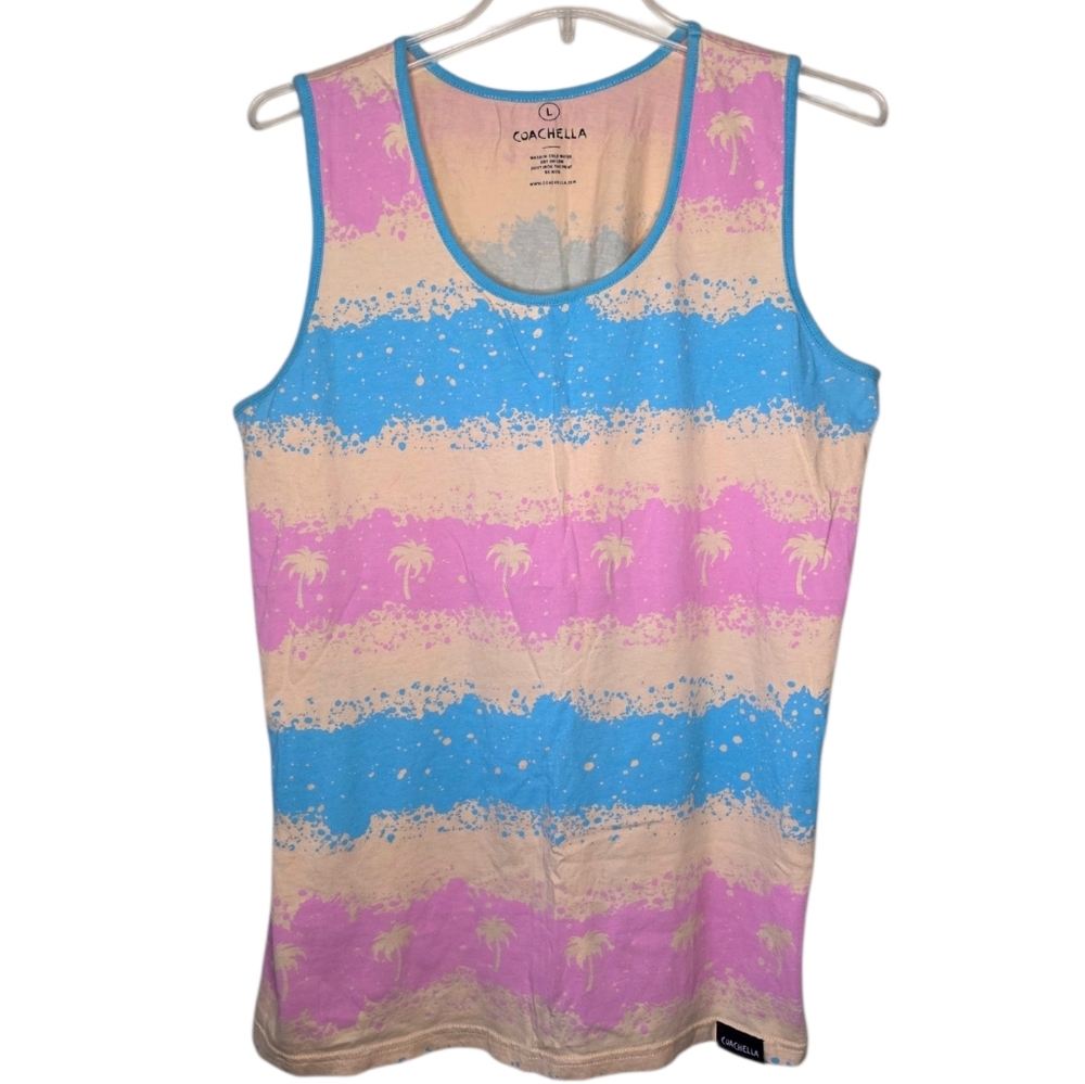 Coachella Pink/Blue/Cream  Palm Tree Graphic Tie Dye Tank Size Large